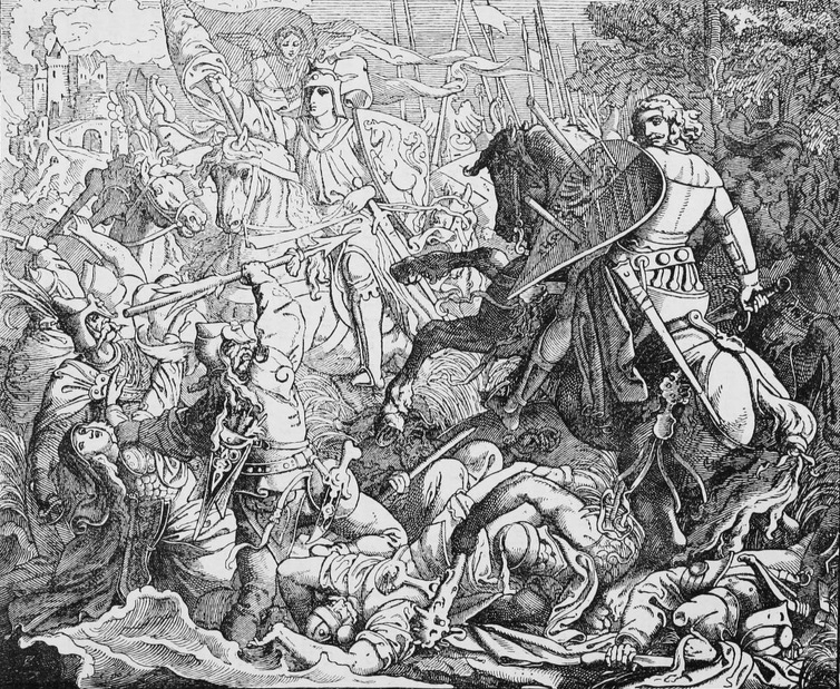 Grafika z książki The illustrated history of the world przedstawiająca Ottona I Wielkiego podczas bitwy na Lechowym Polu
